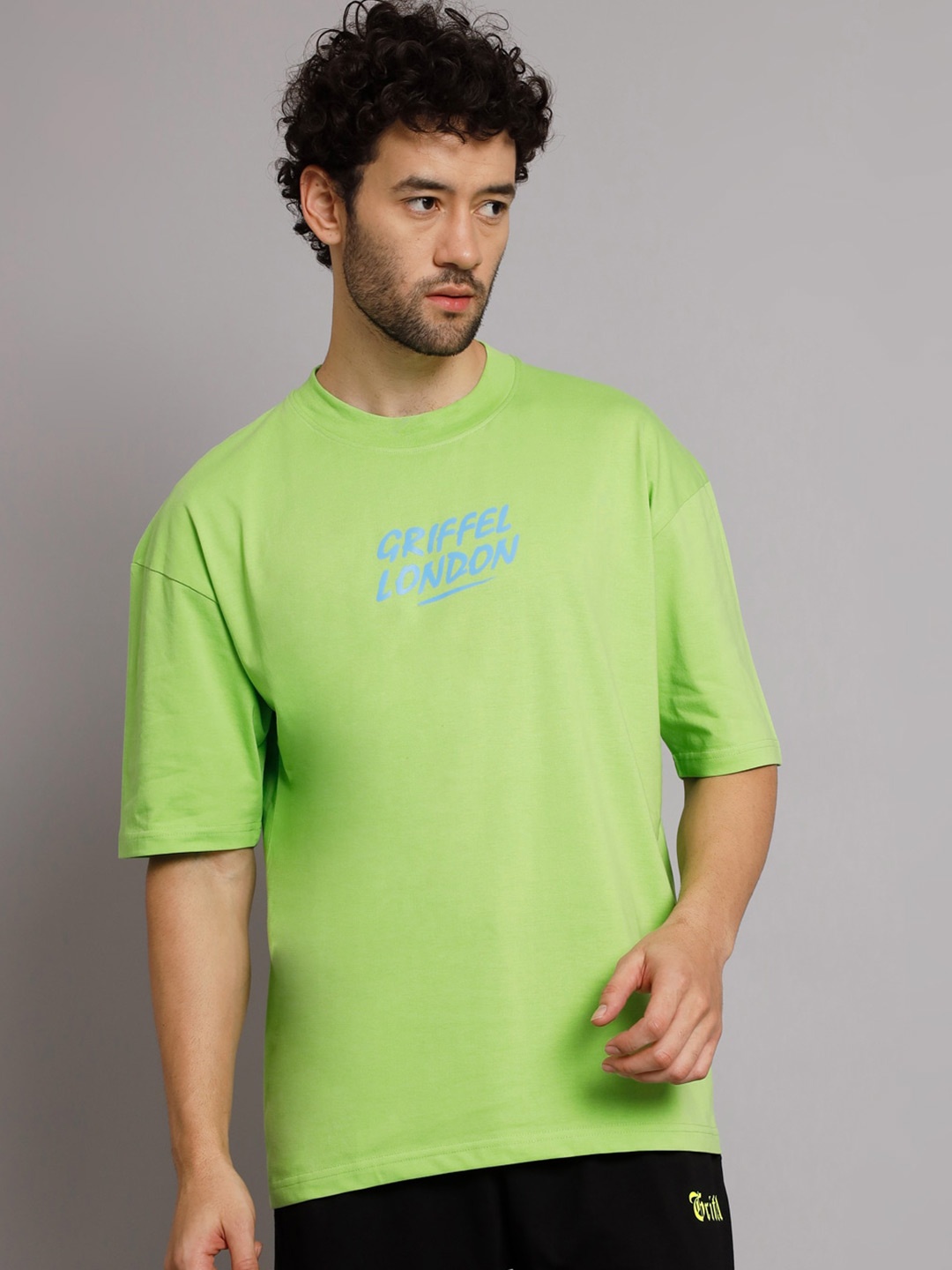 

GRIFFEL Typography Printed Drop Shoulder Cotton T-Shirt, Green