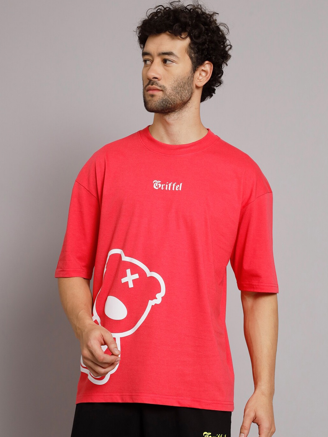 

GRIFFEL Graphic Printed Drop Shoulder Sleeves Cotton T-Shirt, Coral