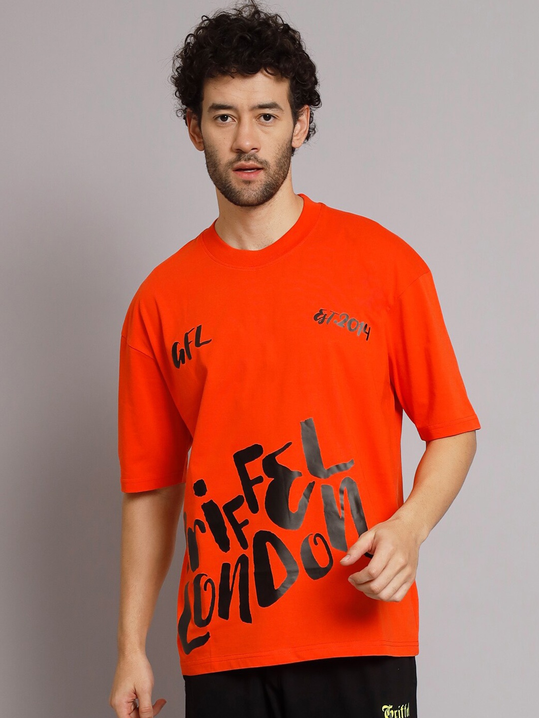 

GRIFFEL Typography Printed Drop Shoulder Cotton T-Shirt, Orange