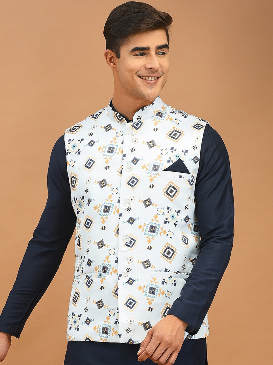 

DEYANN Printed Pure Cotton Nehru Jackets, White