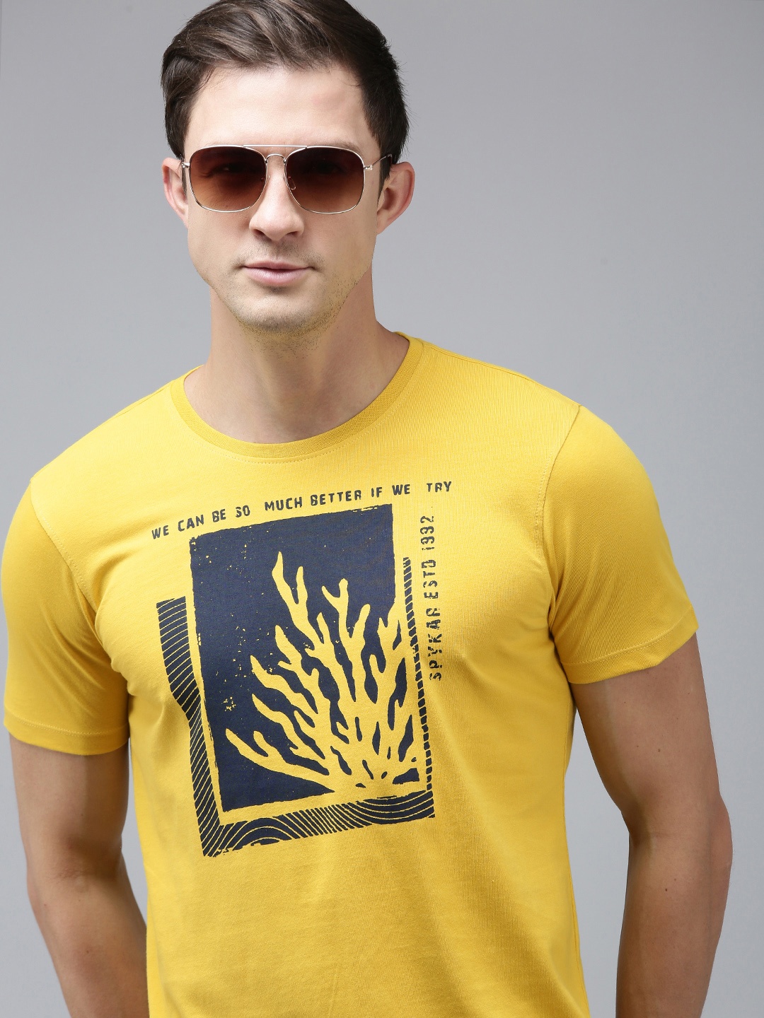 

SPYKAR Men Printed Pure Cotton Slim Fit T-shirt, Yellow