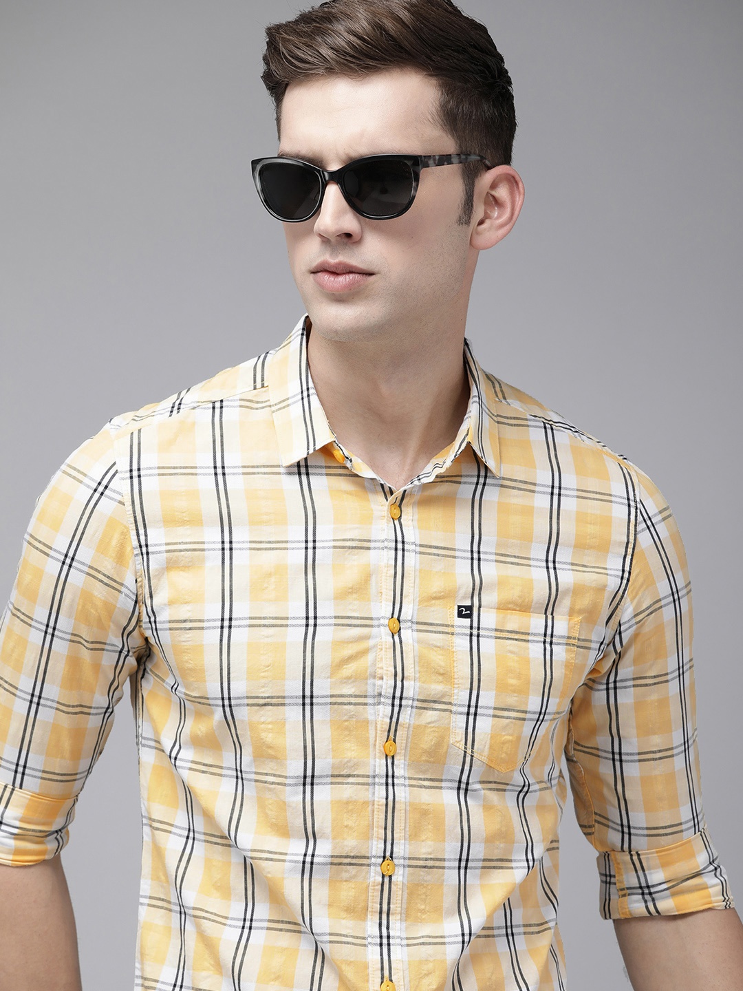 

SPYKAR Slim Fit Pure Cotton Checked Casual Shirt, Yellow