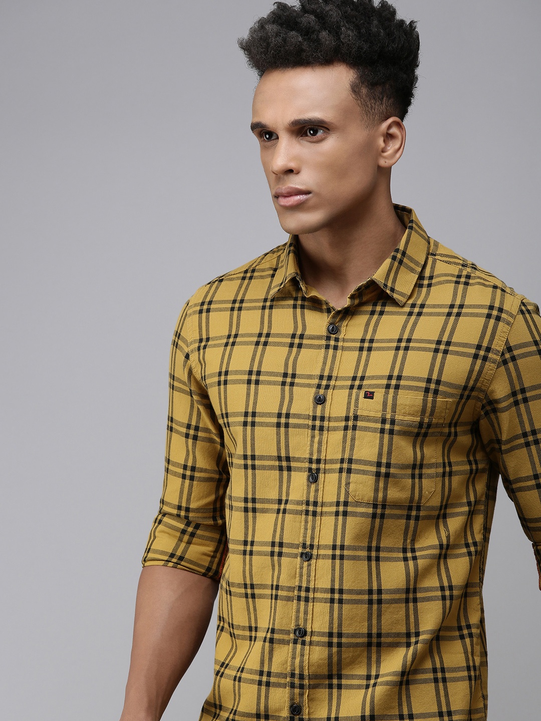 

SPYKAR Pure Cotton Slim Fit Checked Casual Shirt, Mustard