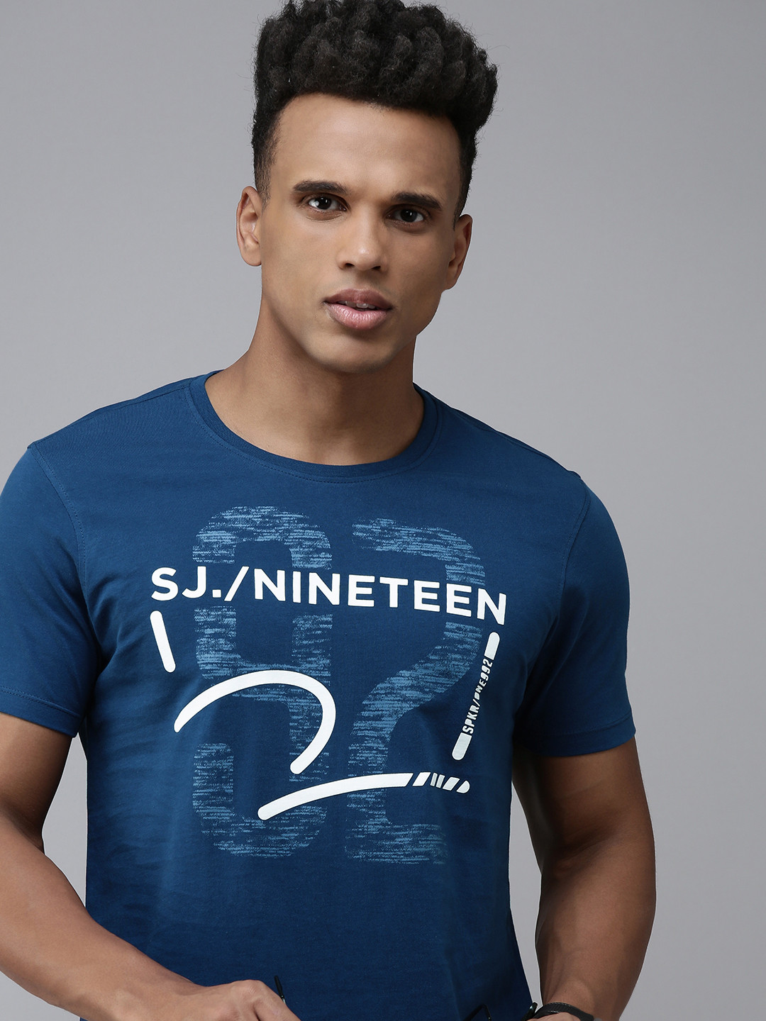 

SPYKAR Typography Printed Pure Cotton Slim Fit T-shirt, Blue