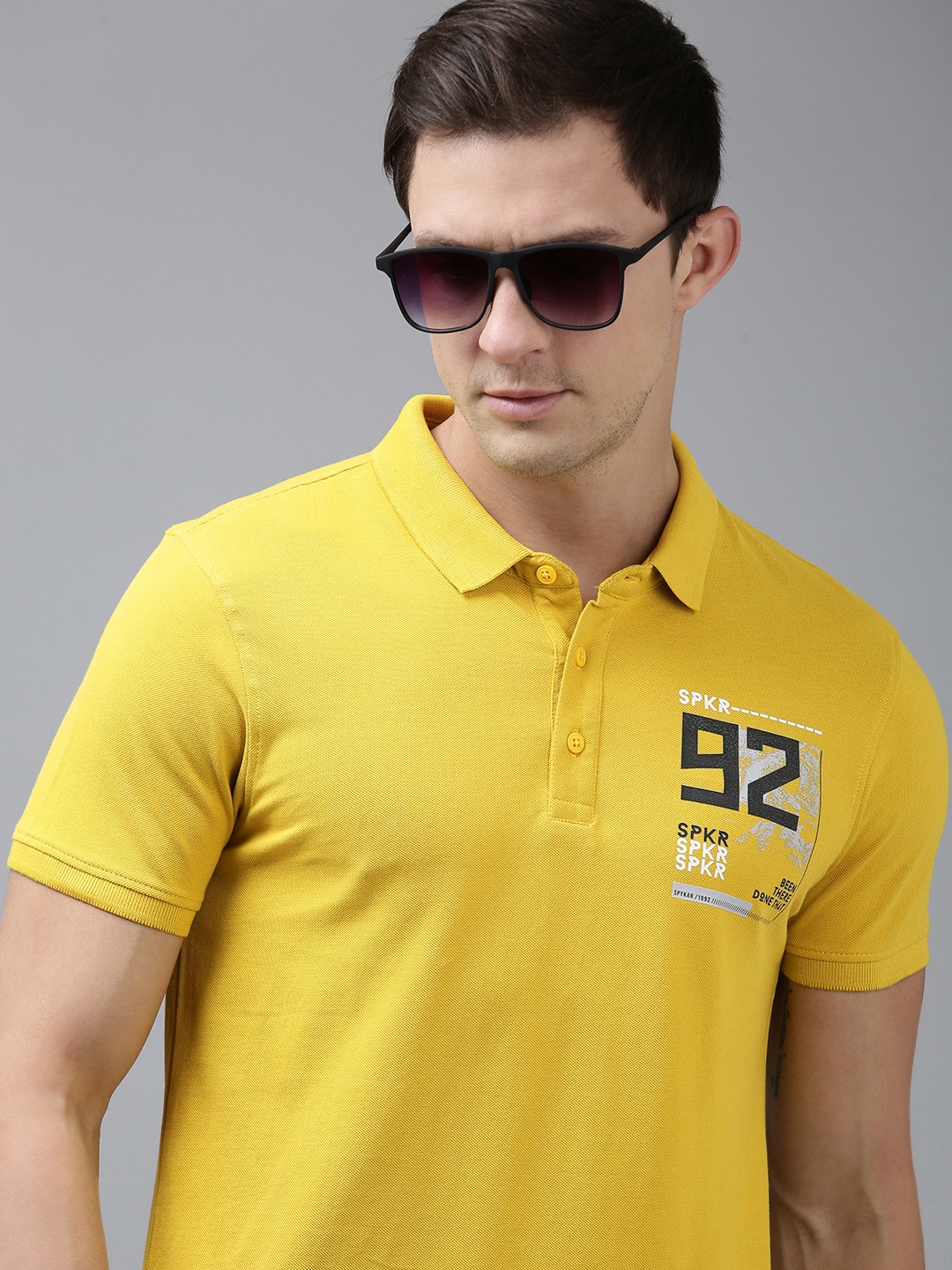 

SPYKAR Men Brand Logo Printed Polo Collar Pure Cotton Slim Fit T-shirt, Yellow