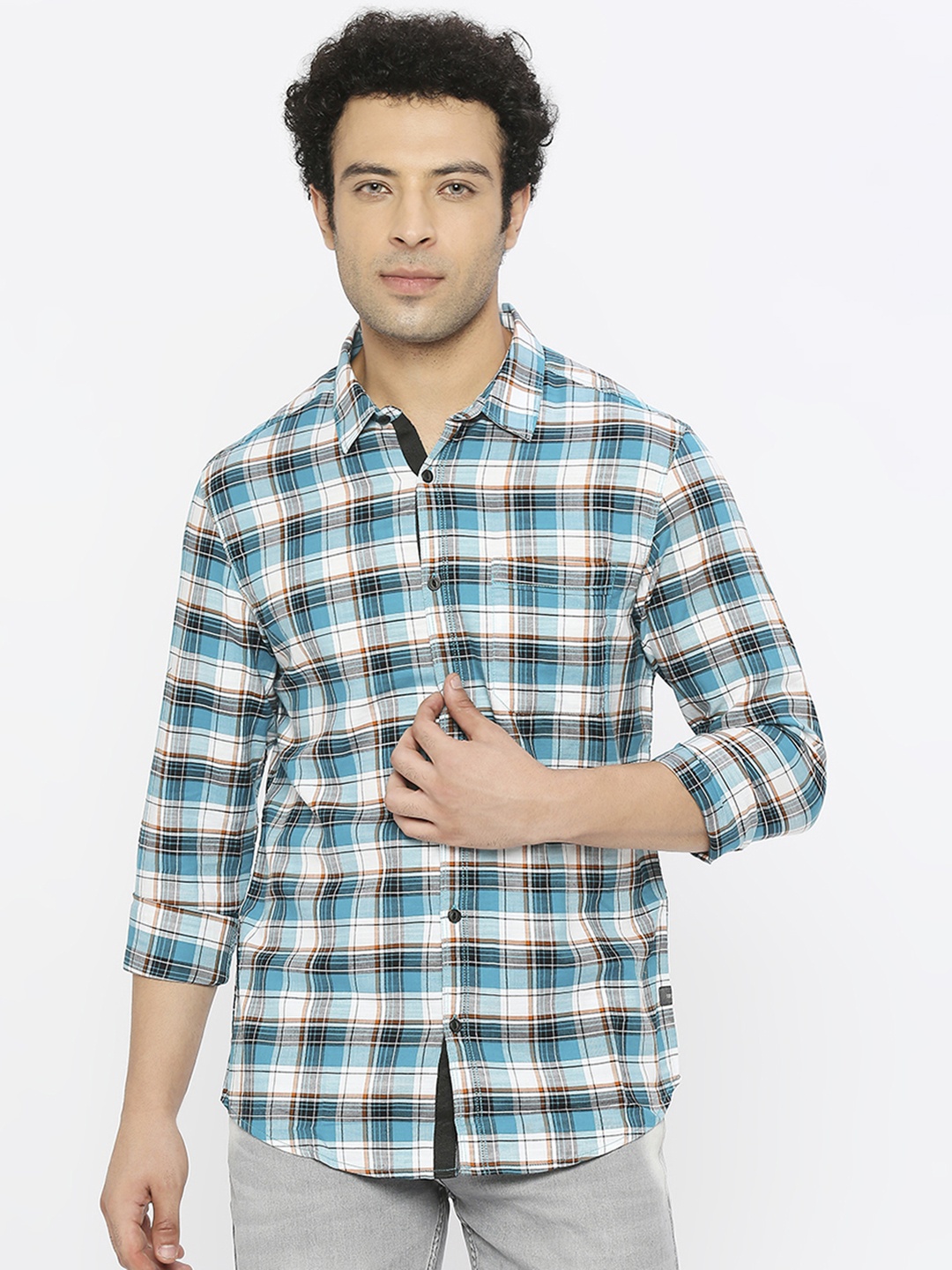 

SPYKAR Slim Fit Checked Pure Linen Casual Shirt, Turquoise blue