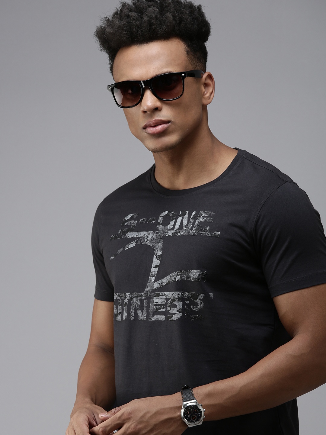 

SPYKAR Typography Print Round Neck Knitted Slim Fit T-shirt, Charcoal
