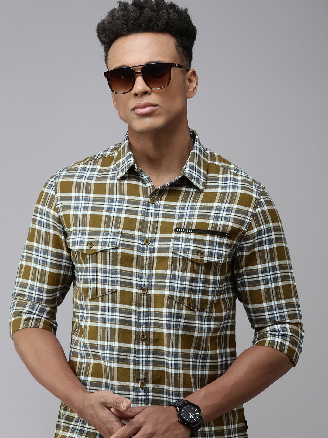 

SPYKAR Slim Fit Checked Pure Cotton Casual Shirt, Olive