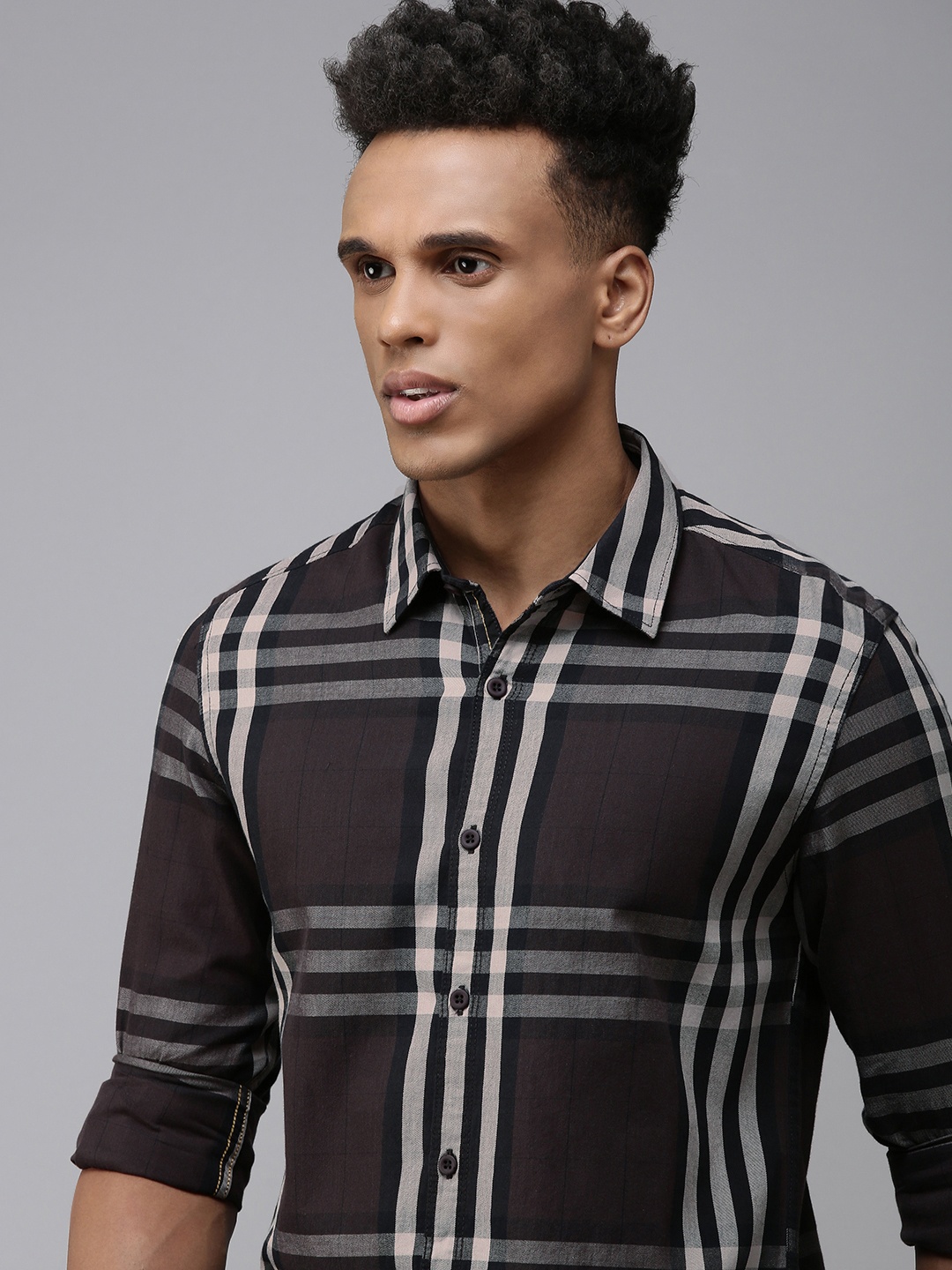 

SPYKAR Slim Fit Checked Pure Cotton Casual Shirt, Brown