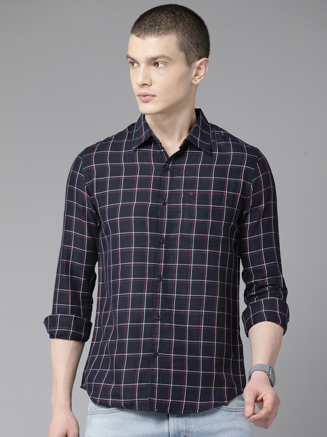 

SPYKAR Slim Fit Tartan Checks Opaque Checked Pure Cotton Casual Shirt, Navy blue