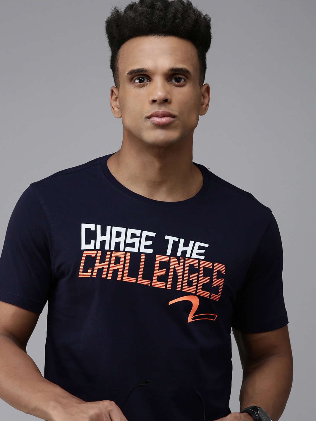 

SPYKAR Typography Print Round Neck Knitted Pure Cotton Slim Fit T-shirt, Navy blue