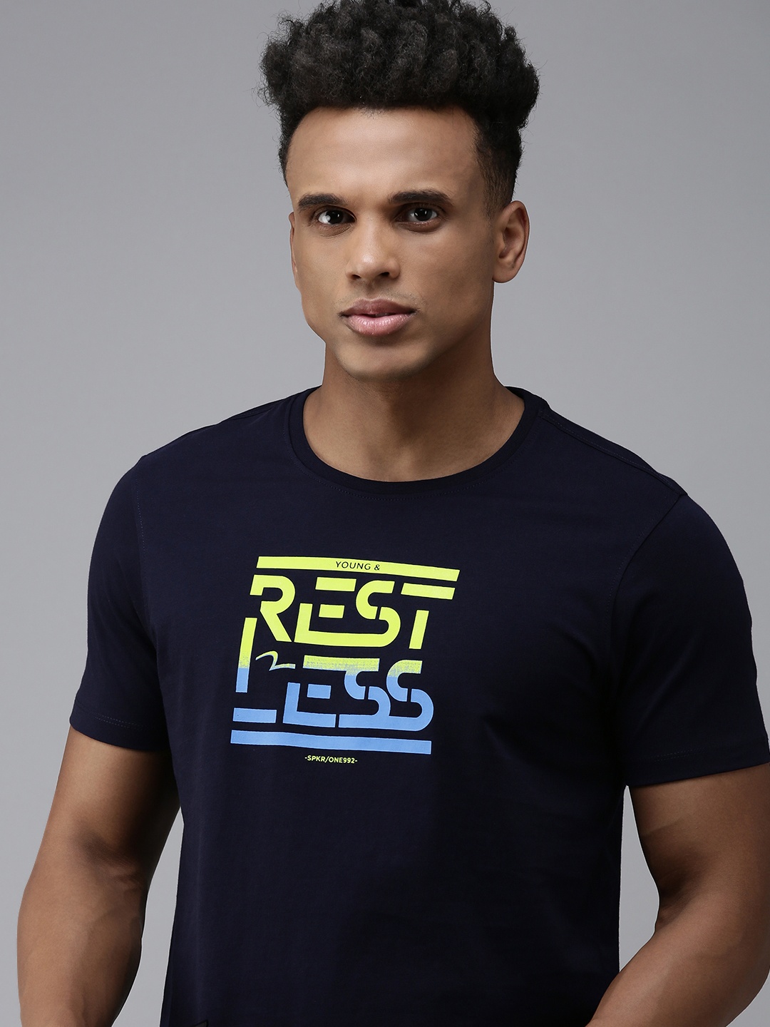 

SPYKAR Typography Print Round Neck Knitted Pure Cotton Slim Fit T-shirt, Navy blue