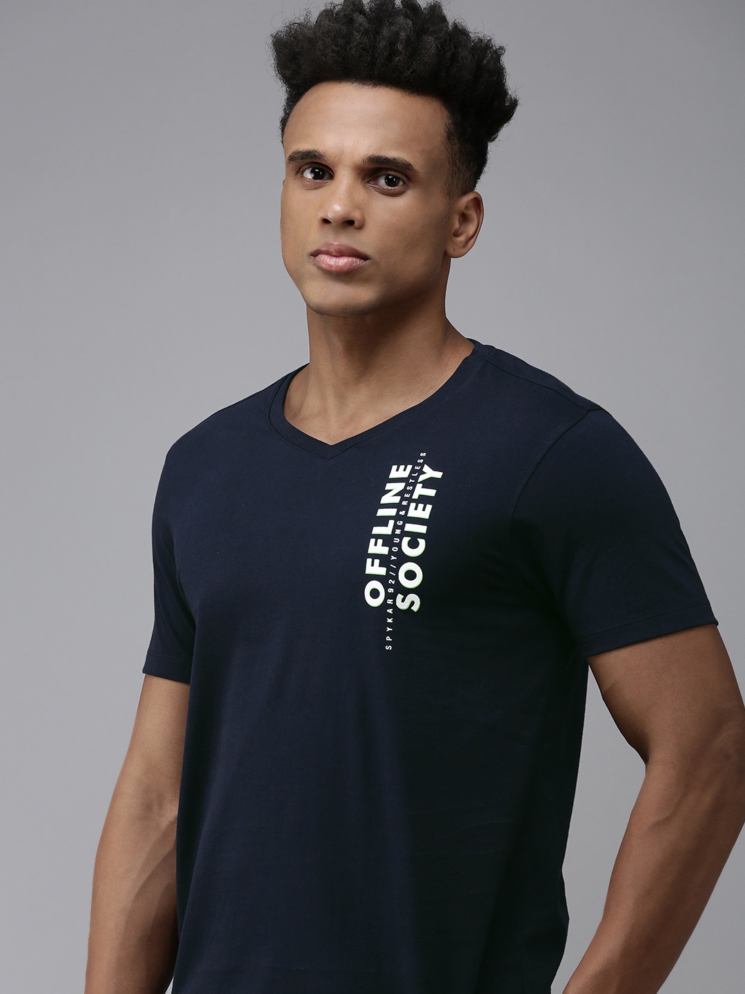 SPYKAR Men Typography Printed V-Neck Pure Cotton T-shirt, Navy blue