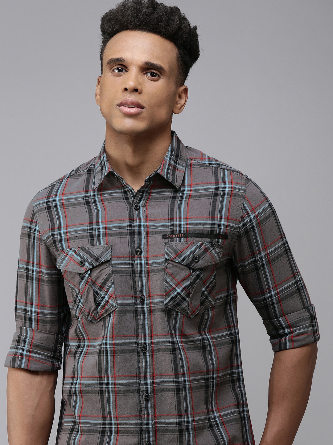 

SPYKAR Slim Fit Checked Pure Cotton Casual Shirt, Grey