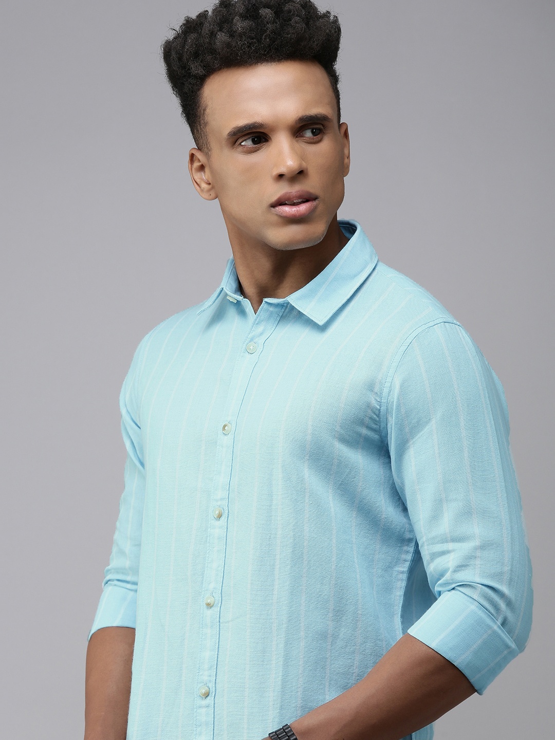 

SPYKAR Cotton-Linen Striped Casual Shirt, Blue