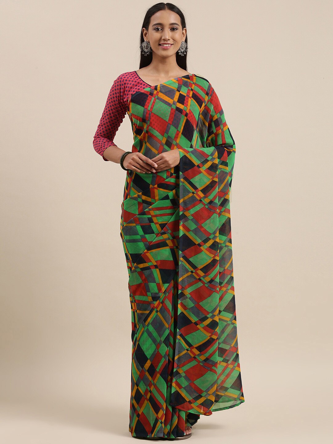 

Shaily Checked Poly Georgette Saree With Blouse Piece, Green