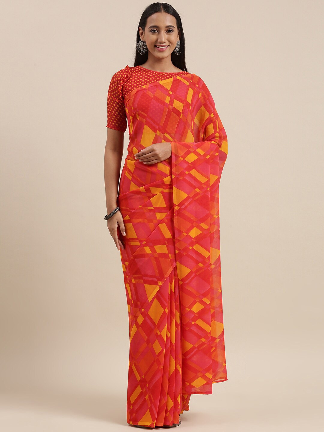 

Shaily Checked Poly Georgette Saree With Blouse Piece, Pink
