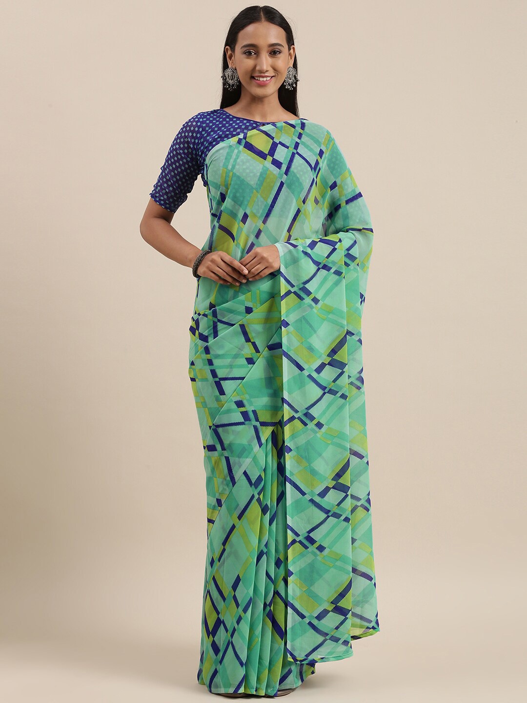 

Shaily Checked Poly Georgette Saree With Blouse Piece, Blue