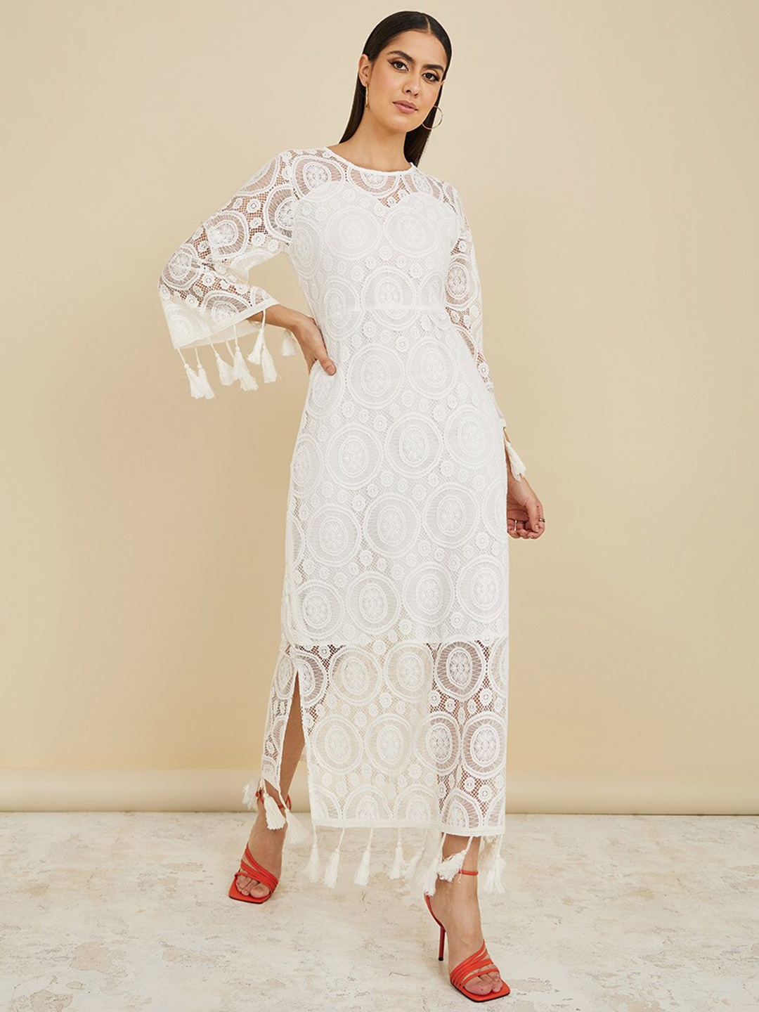 

Styli Self Design Bell Sleeve Maxi Dress, Off white