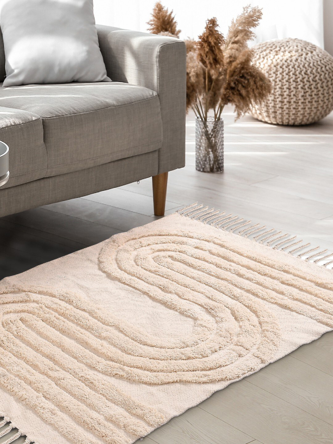 

URBAN SPACE Beige Tufted Pure Cotton Anti-Skid Rectangular Carpet