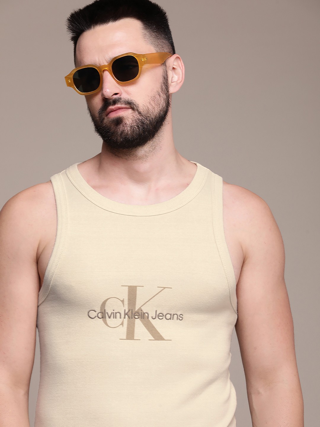 

Calvin Klein Jeans Round Neck Brand Logo Printed Casual T-shirt, Beige