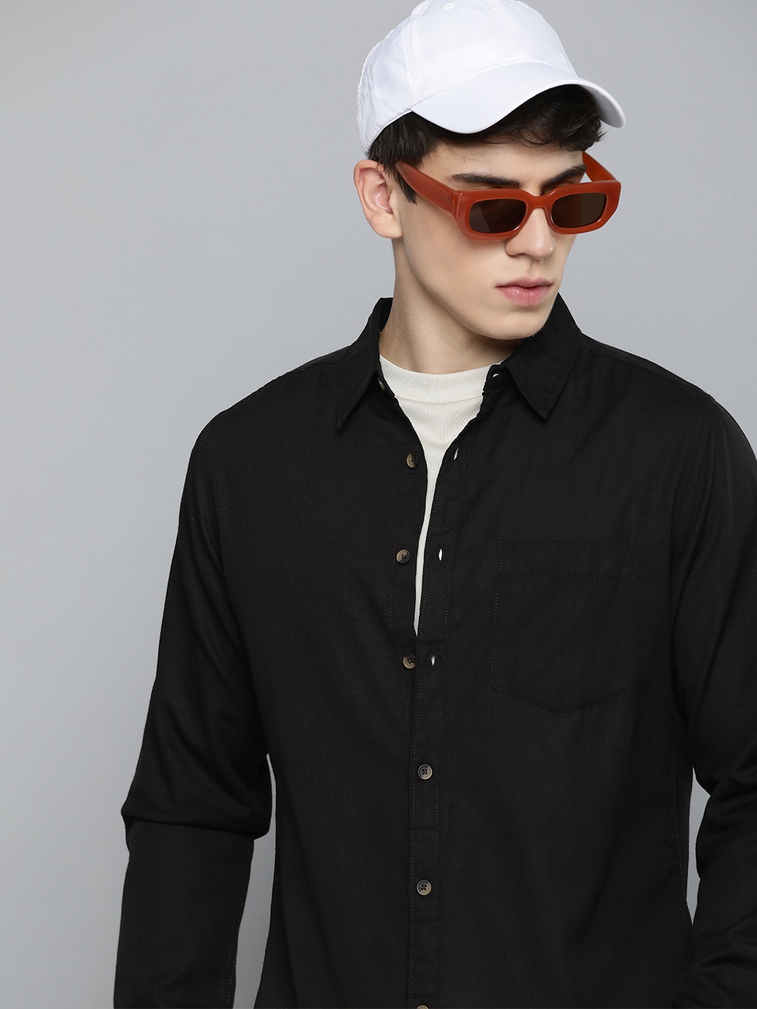 

R.Code by The Roadster Life Co. Spread Collar Casual Shirt, Black