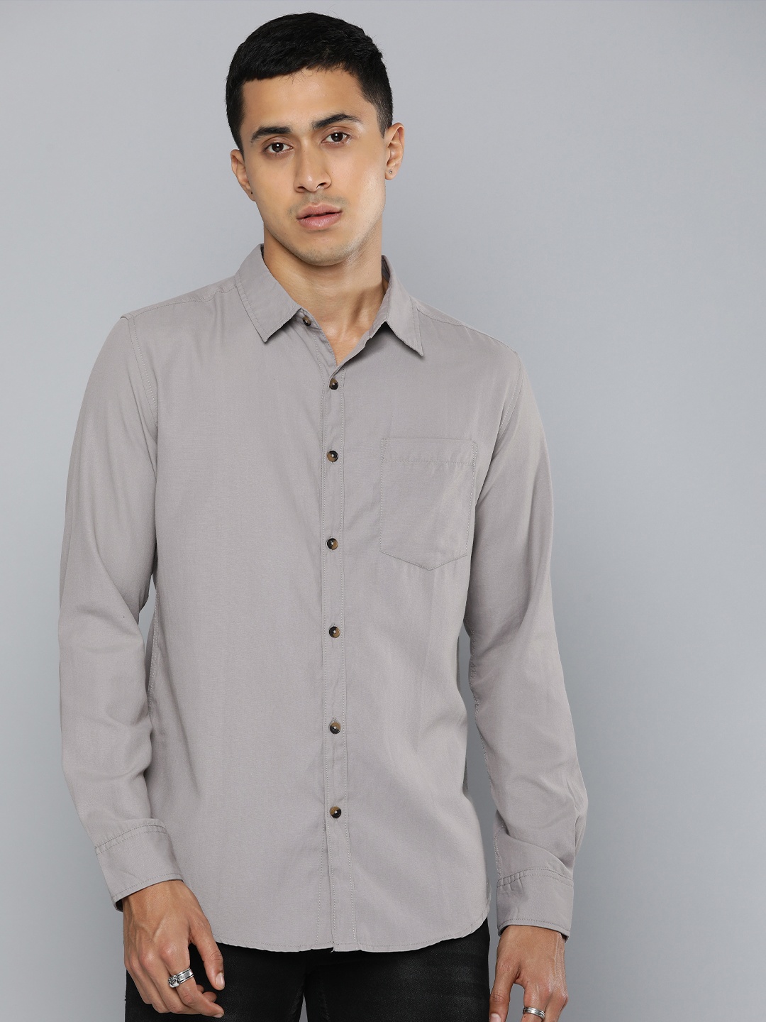 

R.Code by The Roadster Life Co. Solid Spread Collar Casual Shirt, Grey