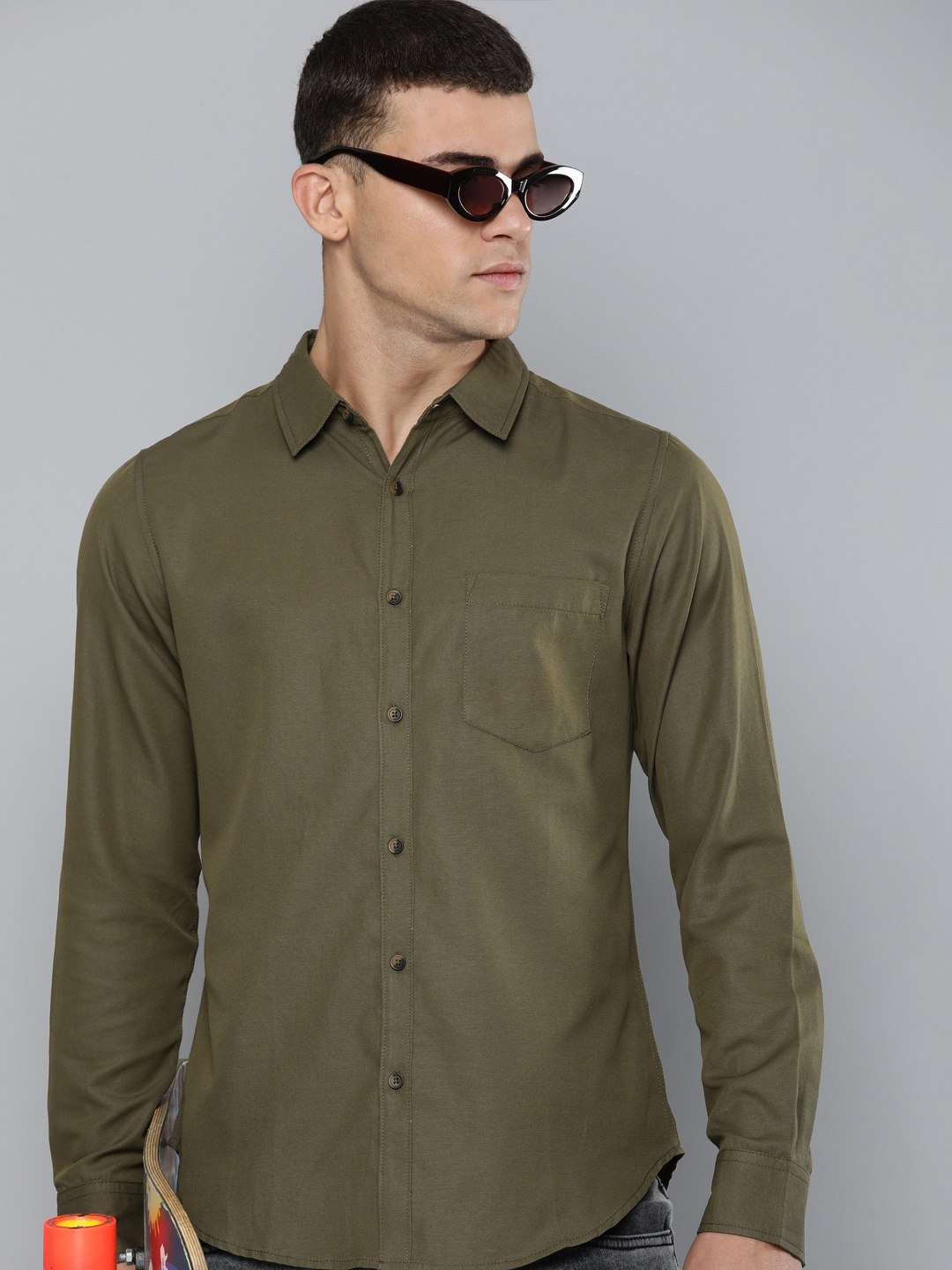 

R.Code by The Roadster Life Co. Solid Spread Collar Casual Shirt, Olive