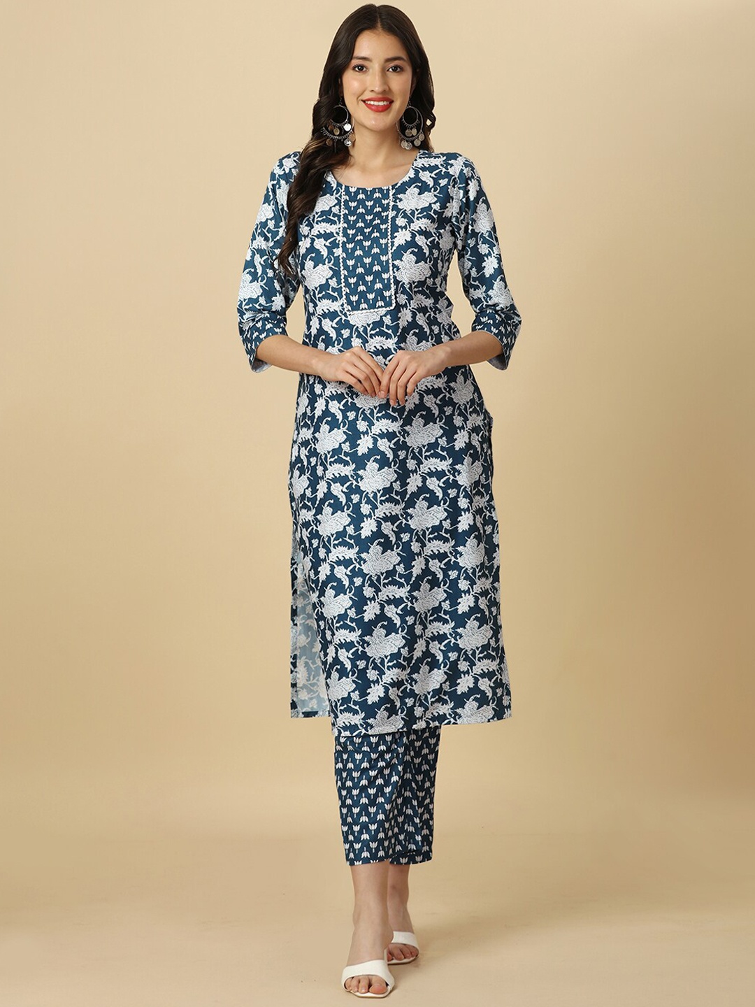 

HERE&NOW Floral Printed Regular Kurta with Trousers, Blue