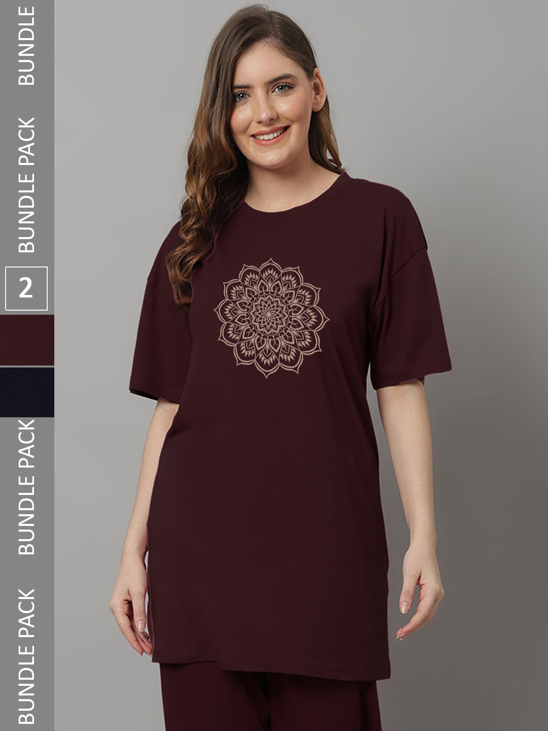 

Kanvin Pack Of 2 Printed Drop-Shoulder Sleeves Oversized Longline T-Shirts, Navy blue