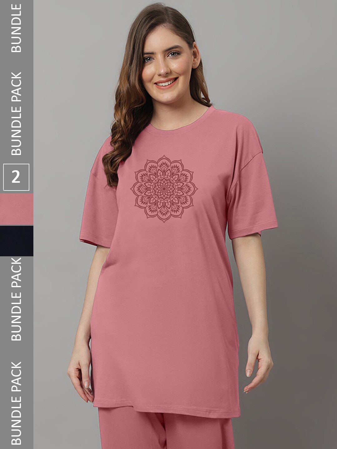 

Kanvin Navy Blue & Pink Pack Of 2 Printed Oversized Fit Longline T-shirts