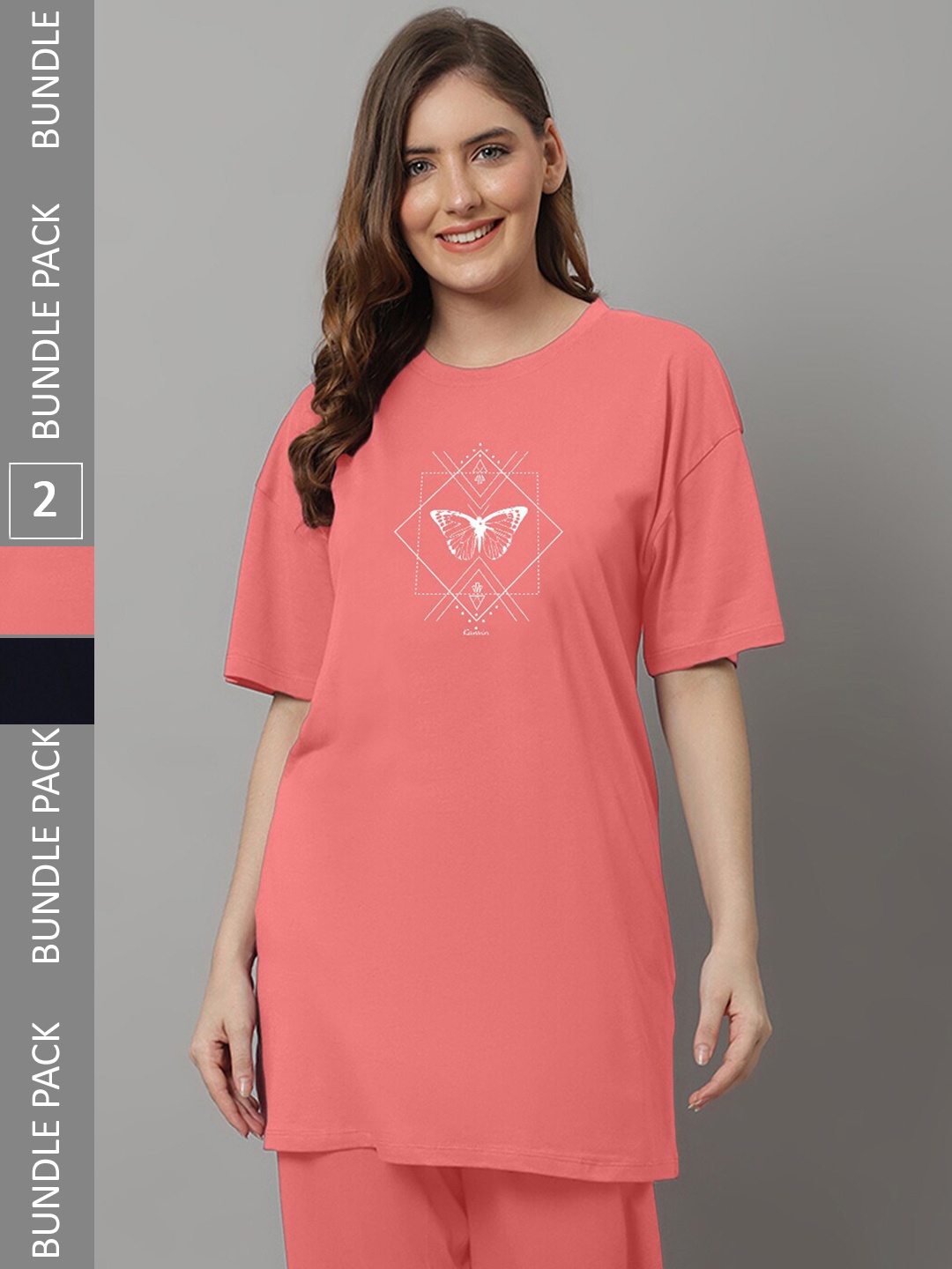 

Kanvin Pack Of 2 Navy Blue & Peach-Coloured Graphic Printed Modal T-shirts