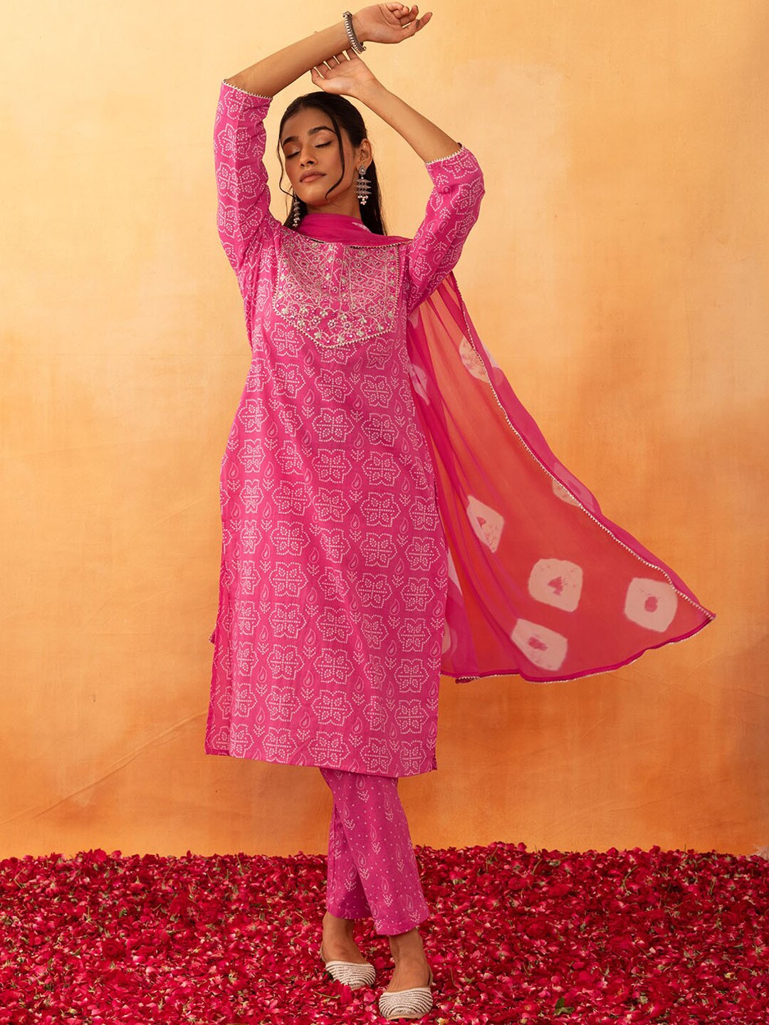 

Rang by Indya Bandhini Printed Regular Pure Cotton Straight Kurta & Trousers With Dupatta, Pink