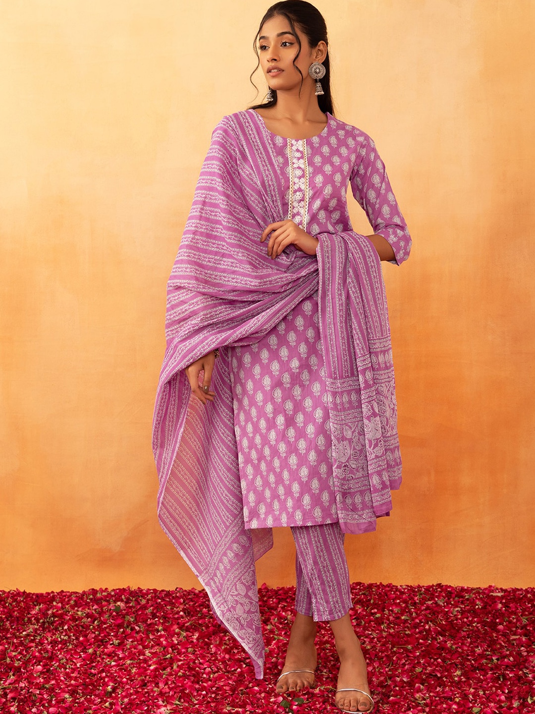 

Rang by Indya Ethnic Printed Regular Pure Cotton Straight Kurta & Trousers With Dupatta, Purple