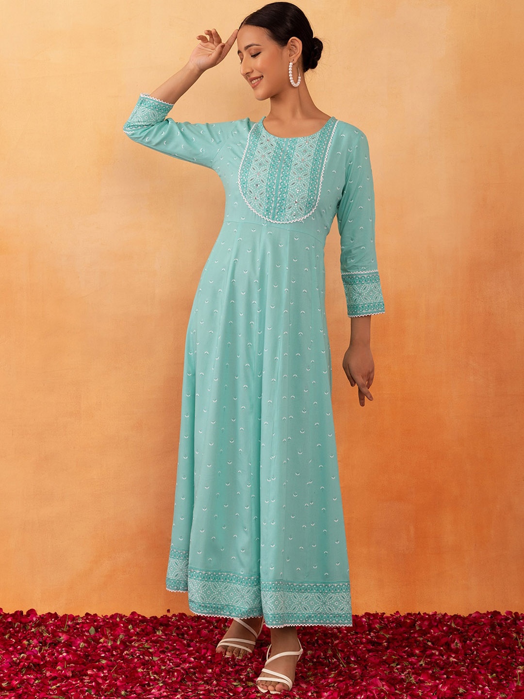 

Rang by Indya Foil Printed Sequined Lace Detail A-Line Ethnic Dress, Turquoise blue