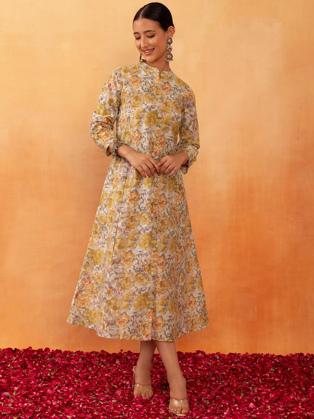 

Rang by Indya Mandarin Collar Floral Printed A-Line Pure Cotton Ethnic Dress, Yellow