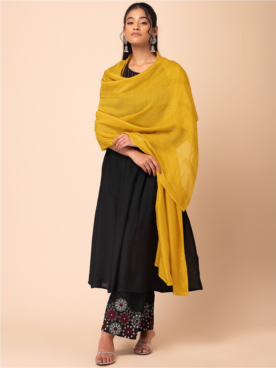 

Rang by Indya Striped Sequinned Embroidered Dupatta, Yellow