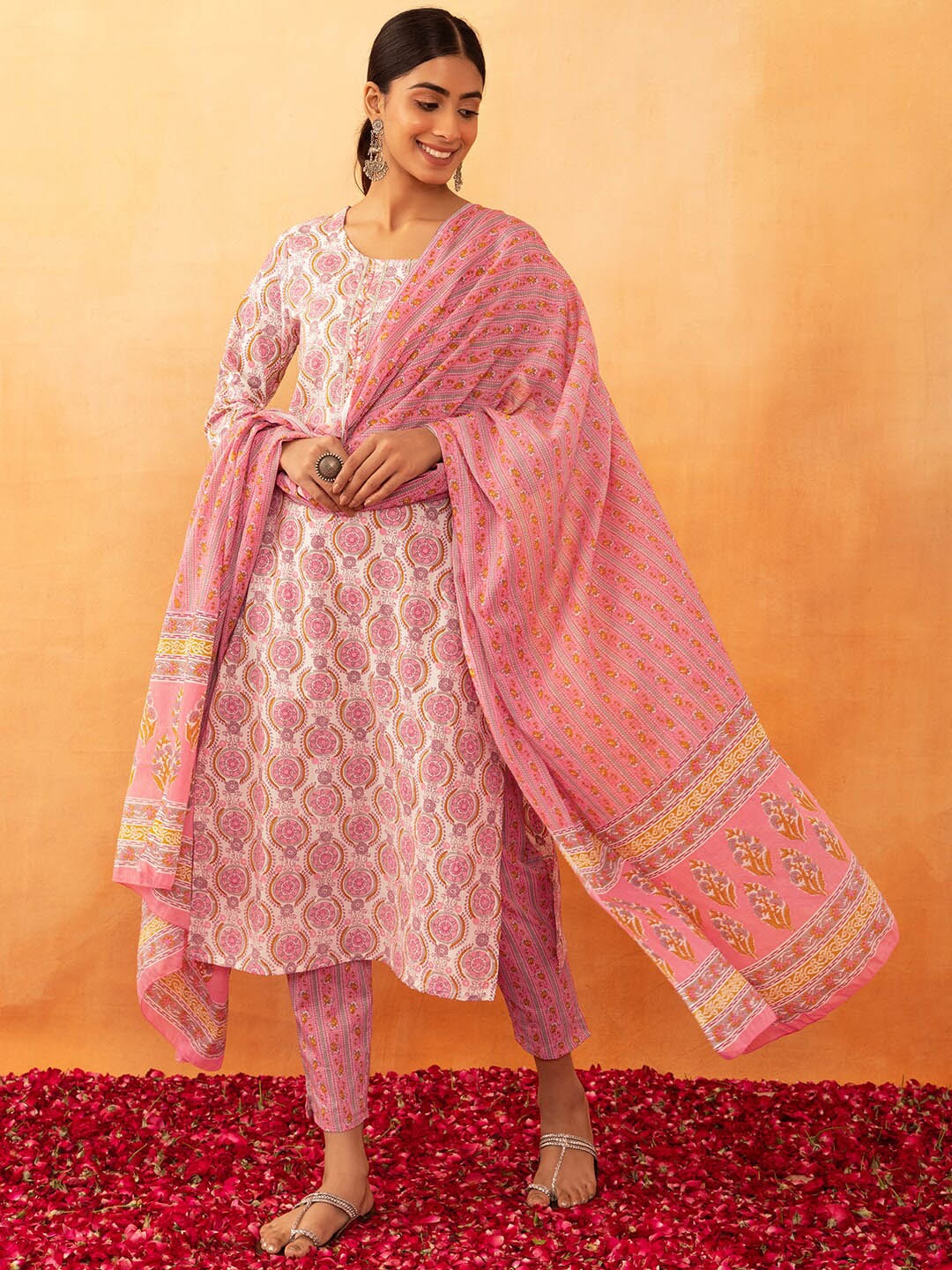 

Rang by Indya Ethnic Motifs Printed Pure Cotton Straight Kurta With Trousers & Dupatta, Pink