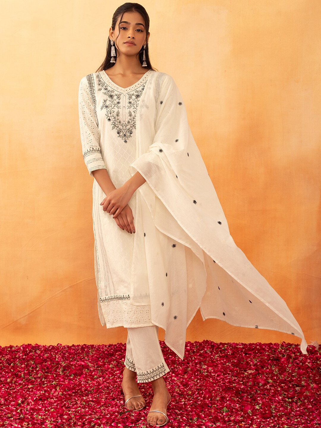 

Rang by Indya Embroidered Straight Pure Cotton A-Line Kurta & Trousers With Dupatta, White
