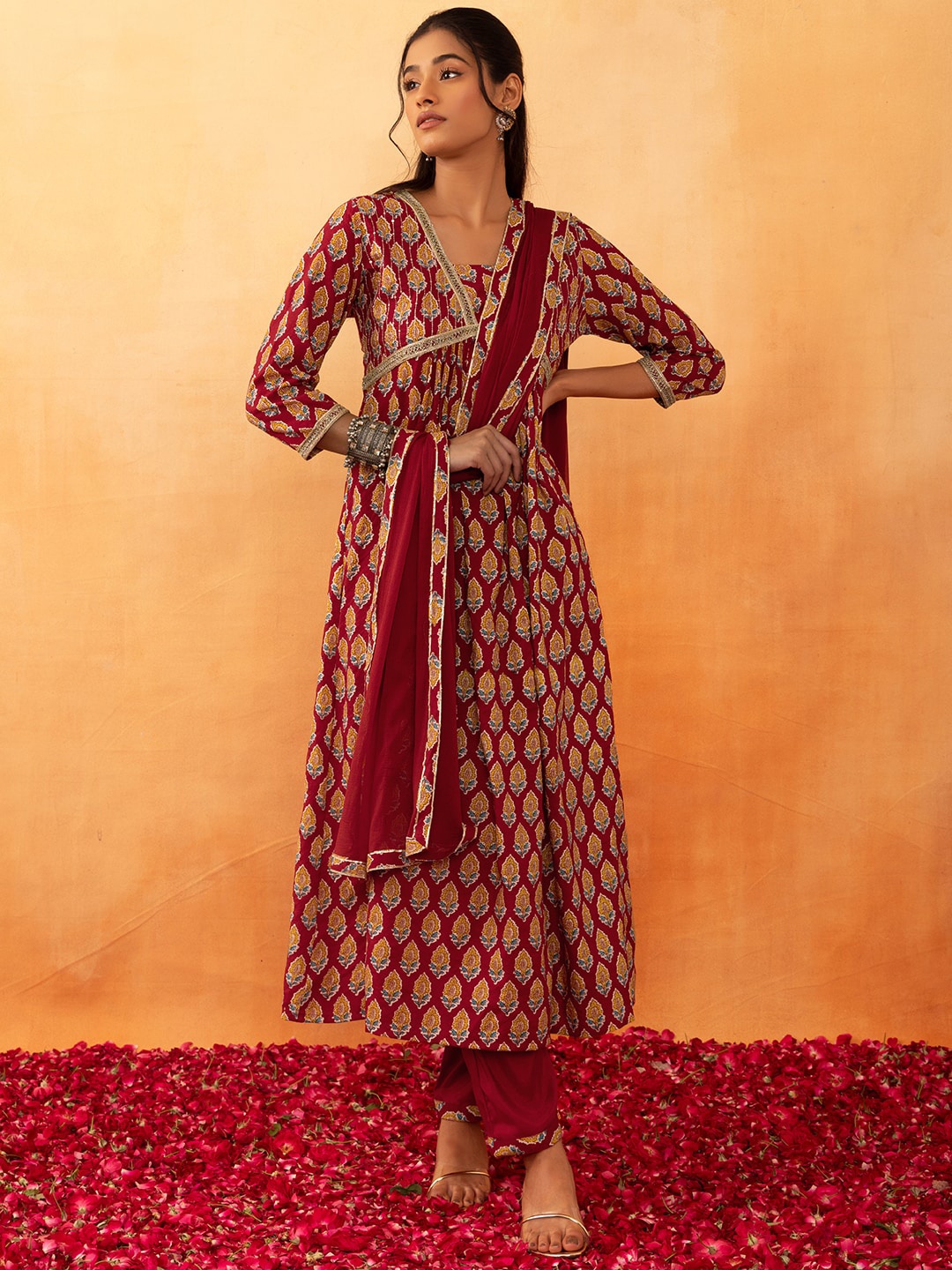 

Rang by Indya Floral Printed Regular Pure Cotton A-Line Kurta & Trousers With Dupatta, Red