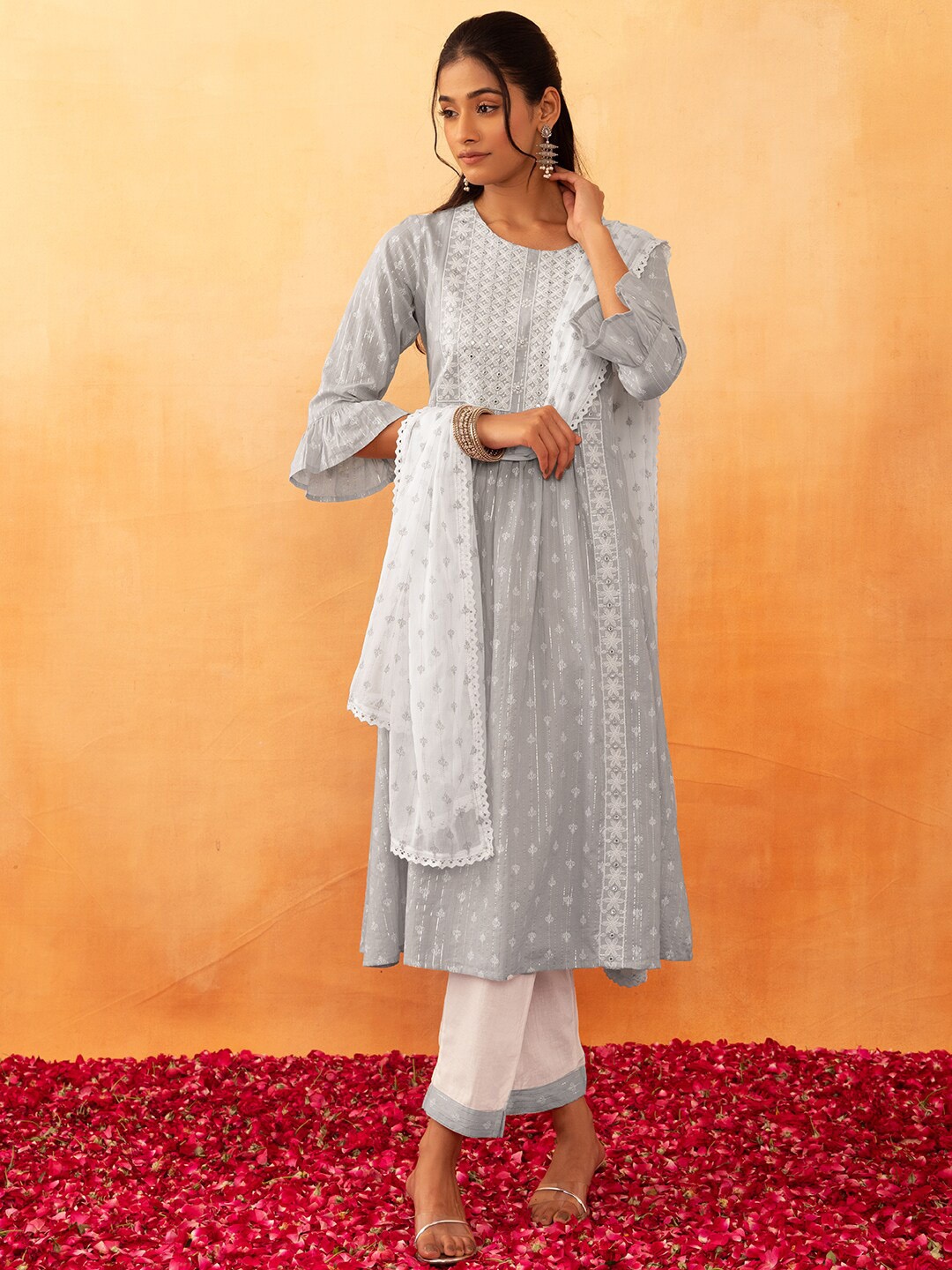 

Rang by Indya Ethnic Embroidered Pure Cotton Anarkali Kurta & Trousers With Dupatta, Grey