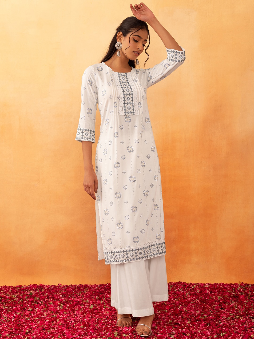 

Rang by Indya Ethnic Motifs Printed Lace Detail Mirror Work Kurta, White