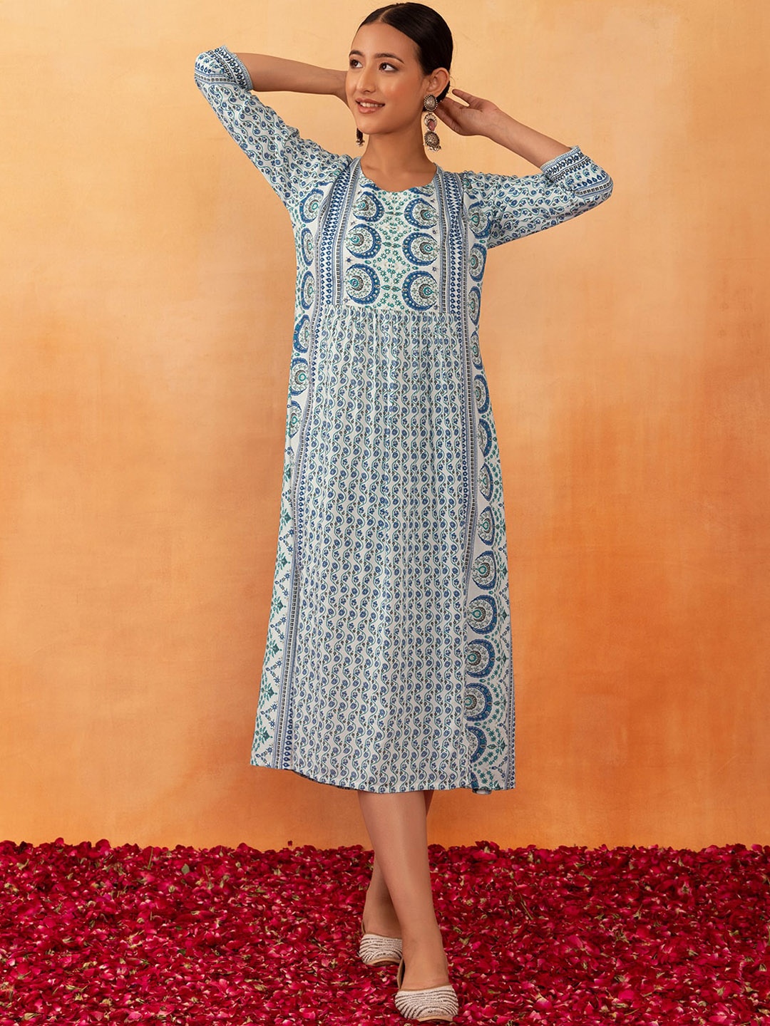 

Rang by Indya Ethnic Motifs Printed A-Line Ethnic Dress, Blue