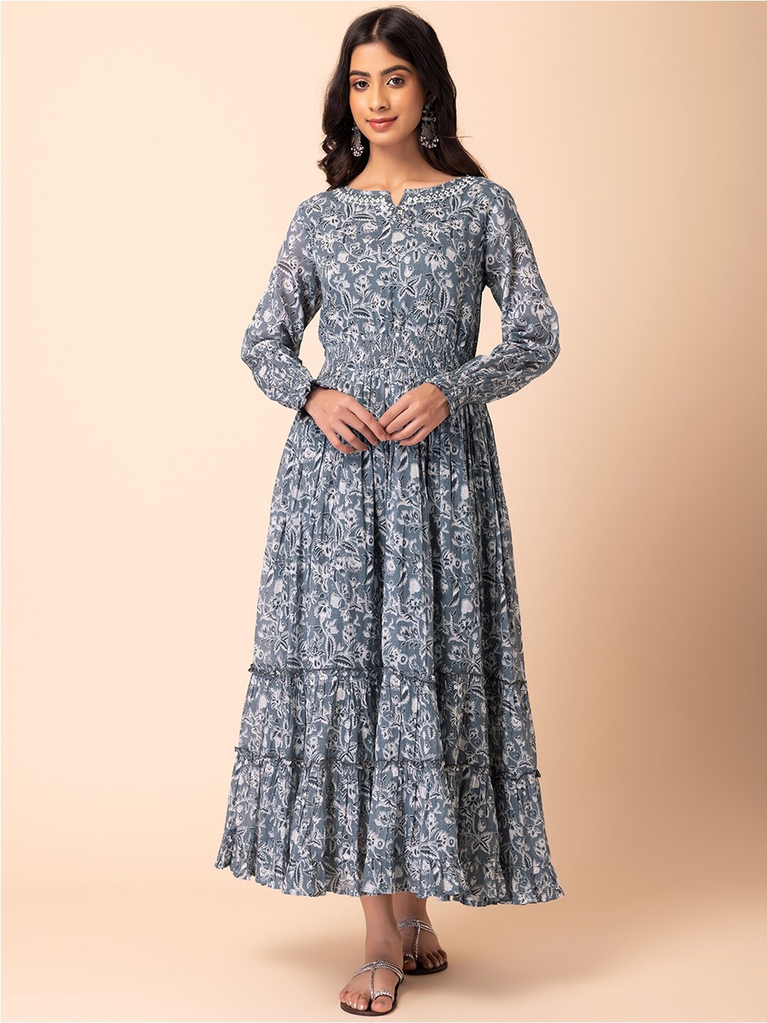 

Rang by Indya Ethnic Motifs Printed Cotton Maxi Ethnic Dress, Grey