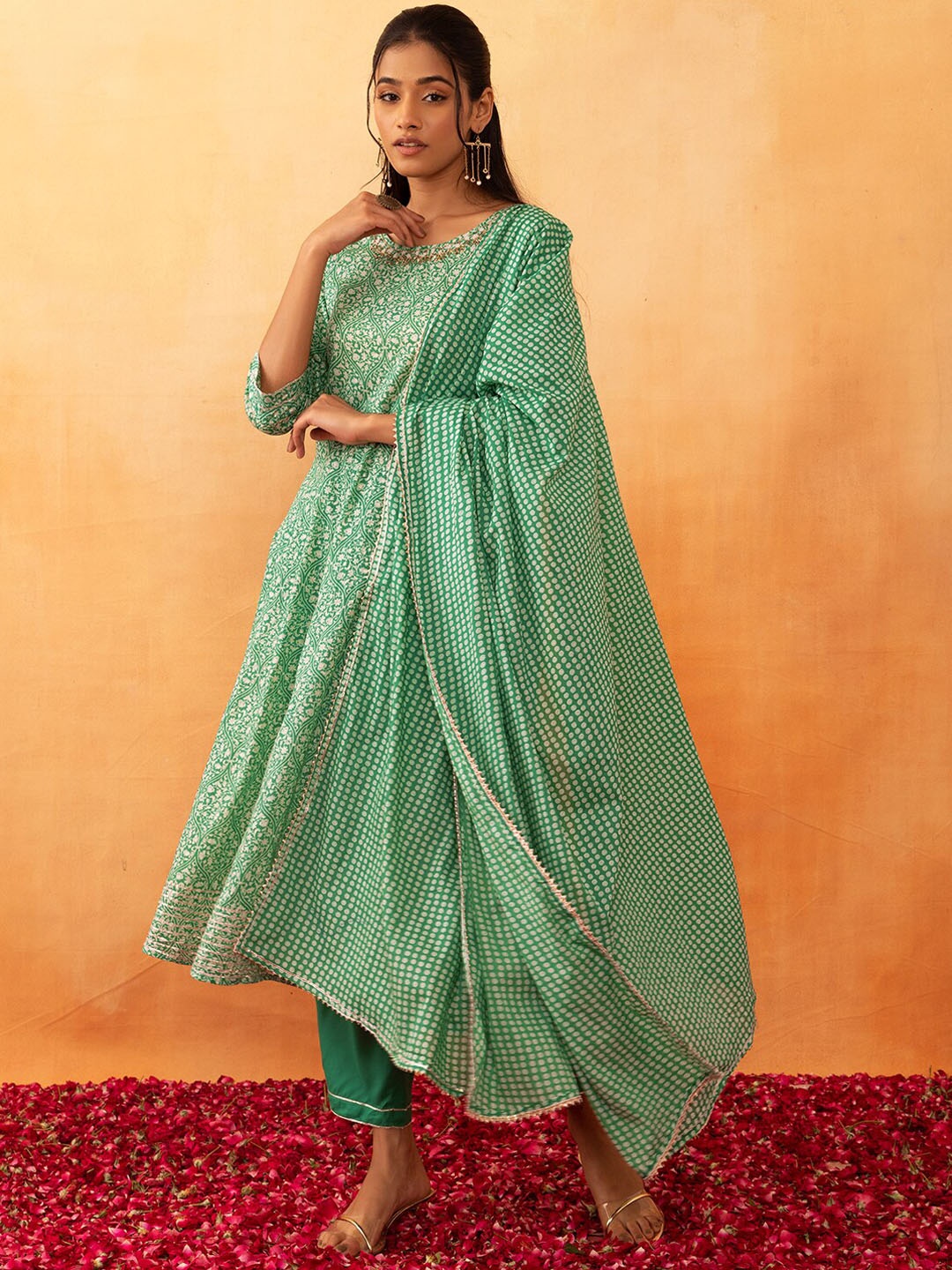 

Rang by Indya Floral Printed Regular Pure Cotton Anarkali Kurta & Trousers With Dupatta, Green