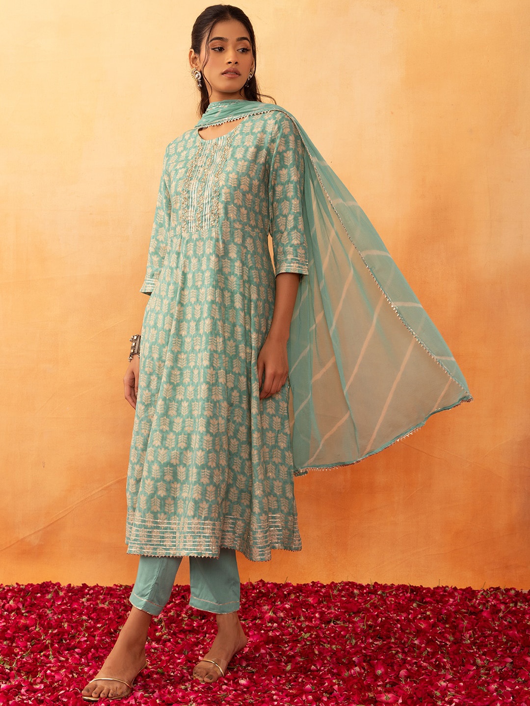 

Rang by Indya Floral Printed Gota Patti A-Line Kurta With Trousers & Dupatta, Blue