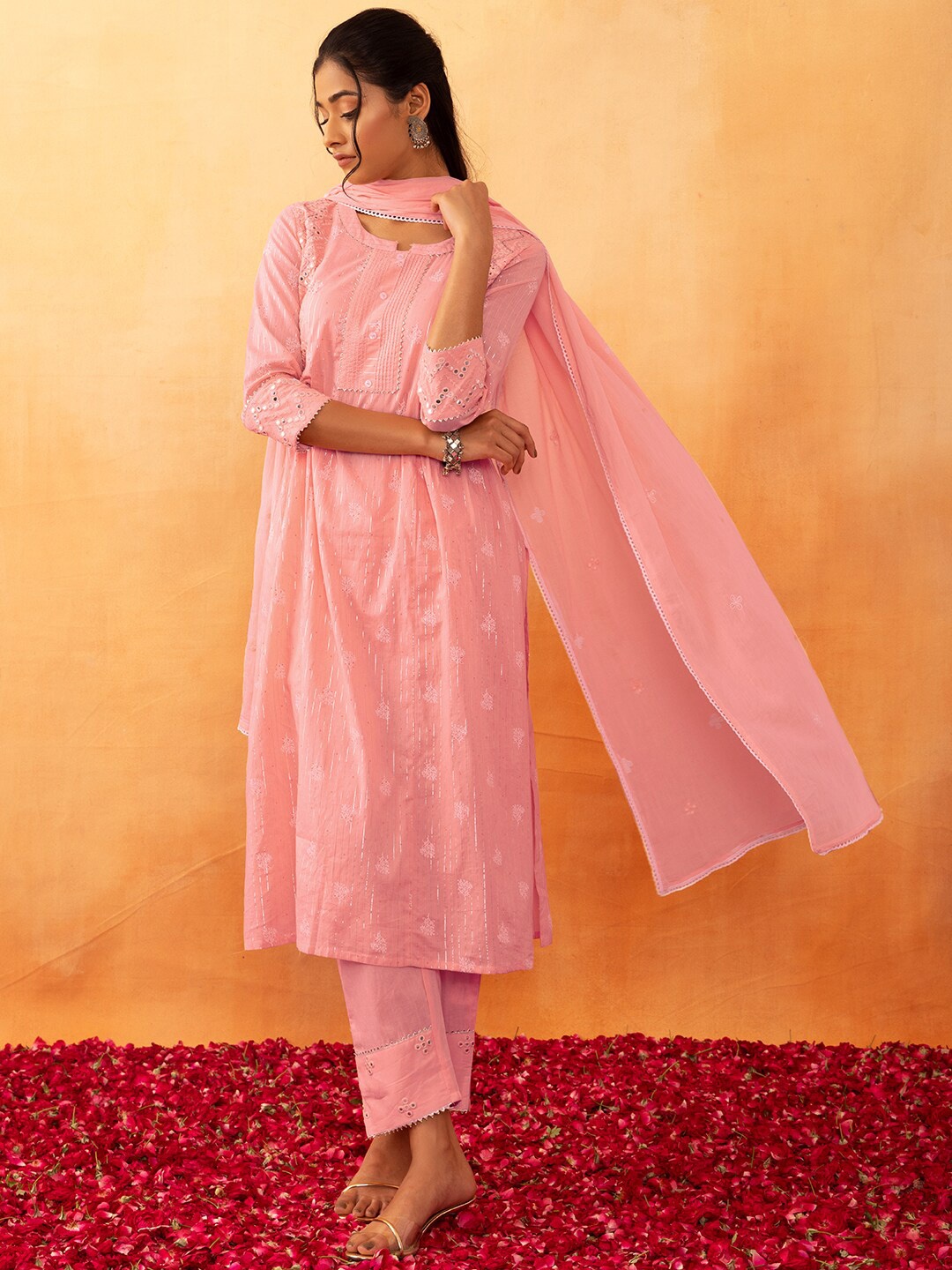

Rang by Indya Striped Pure Cotton Kurta with Trousers With Dupatta, Peach