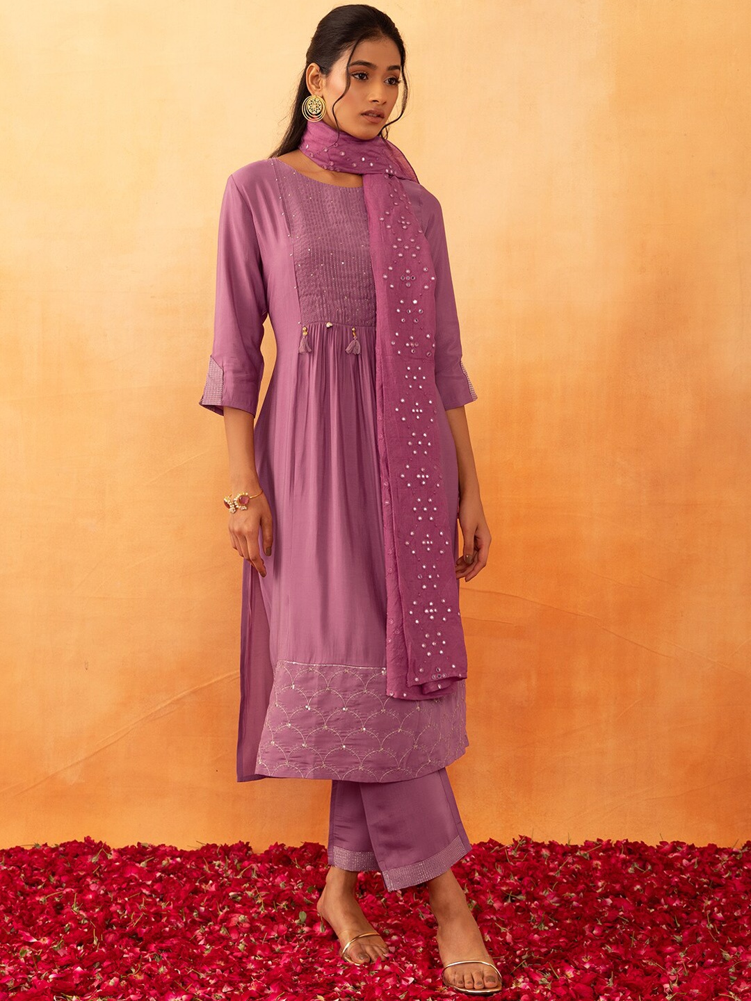 

Rang by Indya Ethnic Motifs Embroidered Mirror Work Kurta With Trousers & With Dupatta, Pink