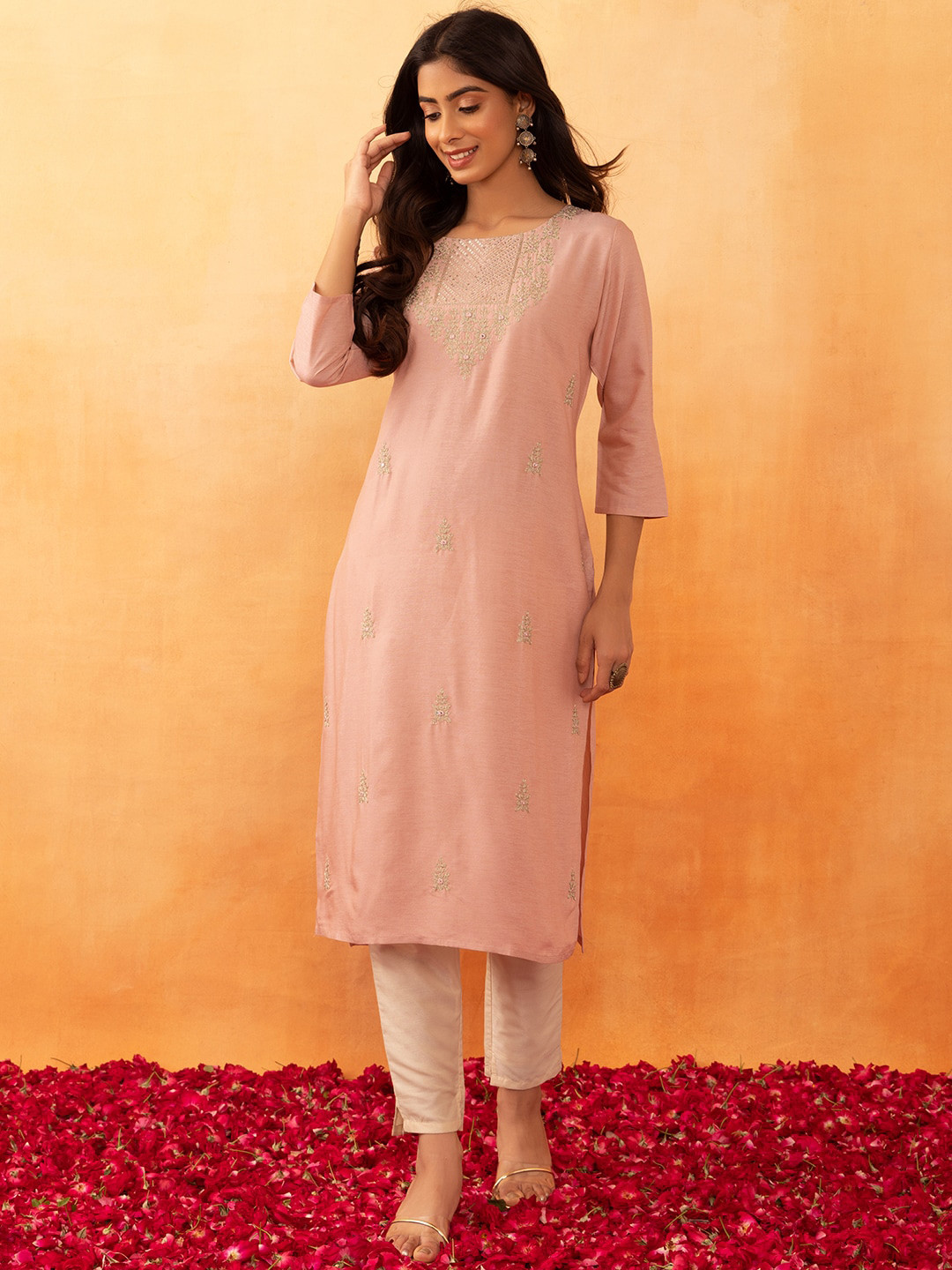 

Rang by Indya Ethnic Motifs Embroidered Zari Mirror Work Kurta, Peach