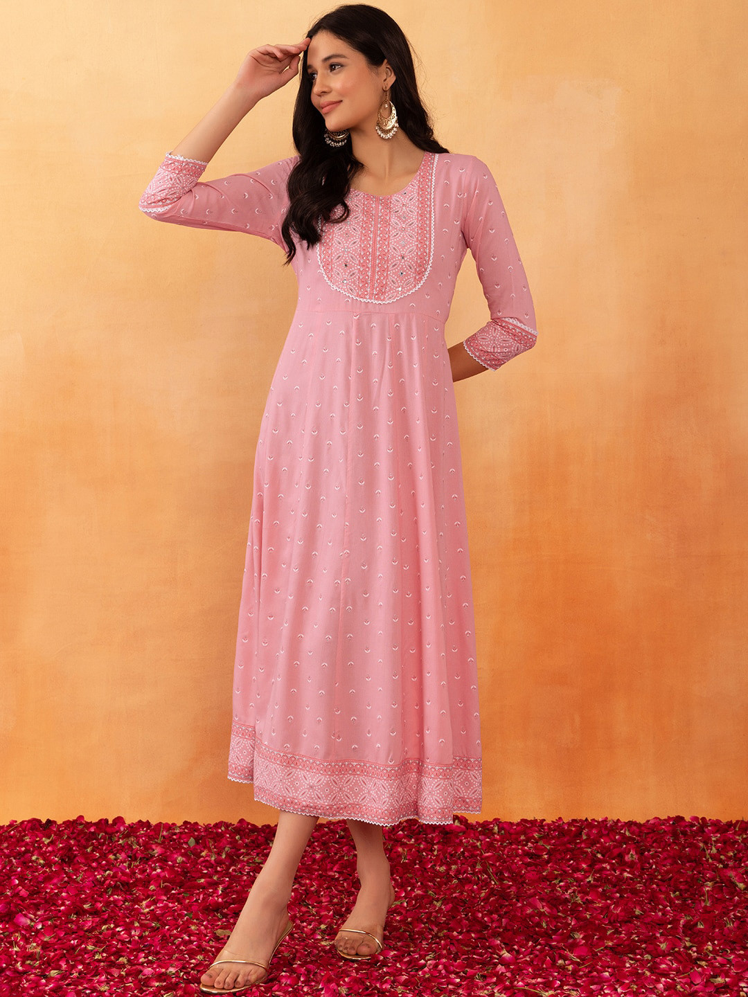 

Rang by Indya Ethnic Motifs Ptinted Embellished A-Line Ethnic Dress, Pink